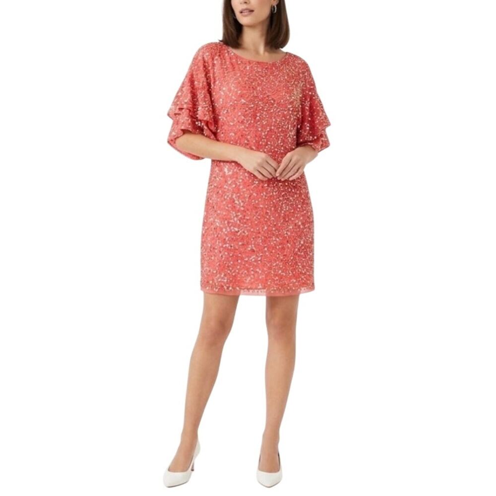 Aidan Mattox Colorful Sequined Mini Shift Cocktail Dress Coral Orange Size 10